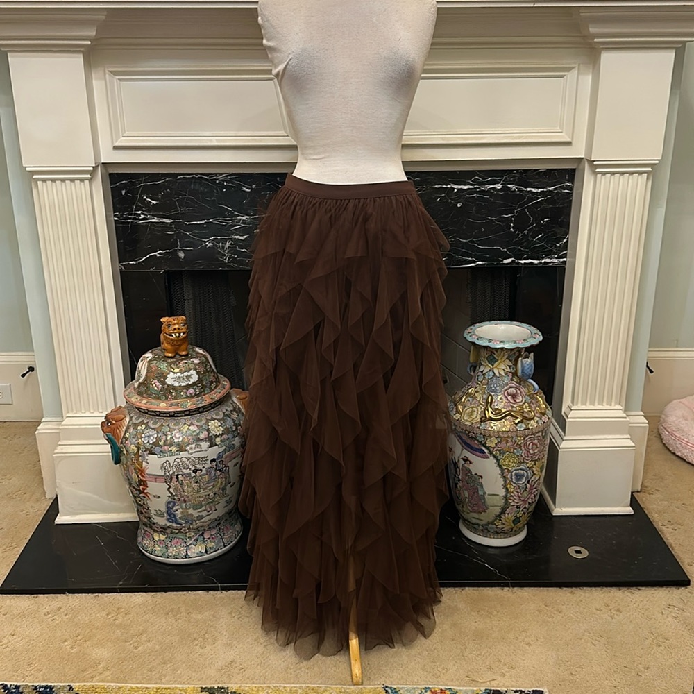 NWT “SOHO APPAREL” brown sheer scarf ruffled maxi skirt